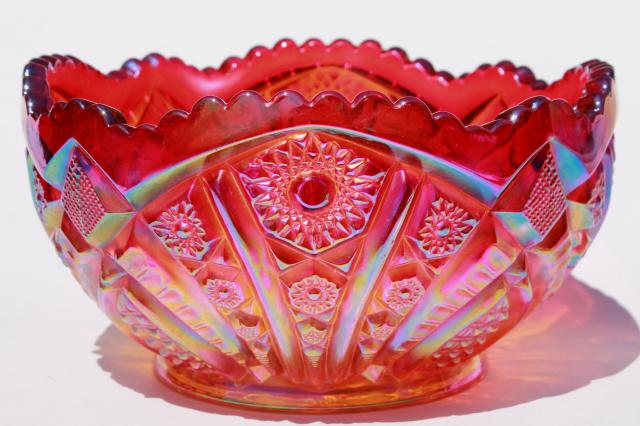 photo of Heirloom red sunset carnival iridescent luster glass bowl or large centerpiece vase #1