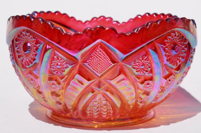 photo of Heirloom red sunset carnival iridescent luster glass bowl or large centerpiece vase #2