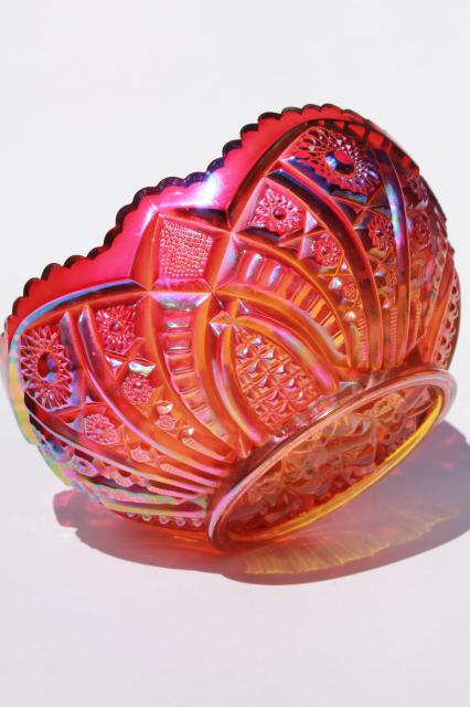 photo of Heirloom red sunset carnival iridescent luster glass bowl or large centerpiece vase #3