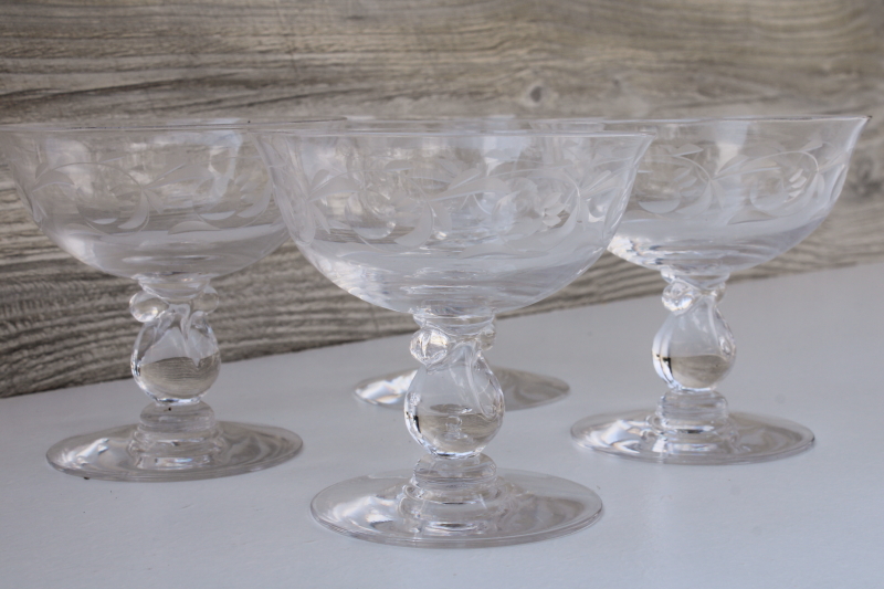 photo of Heisey Moonglo etch Lariat champagne glasses, 1950s vintage crystal stemware #3