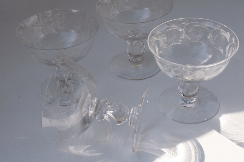 photo of Heisey Moonglo etch Lariat champagne glasses, 1950s vintage crystal stemware #5
