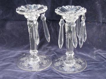 catalog photo of Heisey Orchid depression vintage etched elegant glass pair of candlesticks, prisms lusters