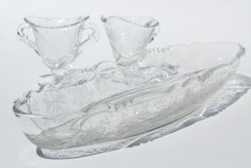 catalog photo of Heisey orchid etch, vintage crystal clear elegant glass celery tray, cream and sugar