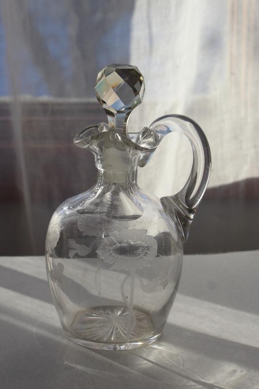 photo of Heisey poppy pattern etched glass cruet, mid-century vintage elegant glass w/ poppies floral #1