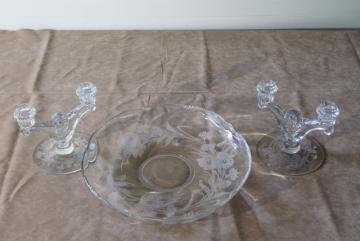 Heisey poppy pattern, vintage elegant glass console bowl candlesticks etched poppies