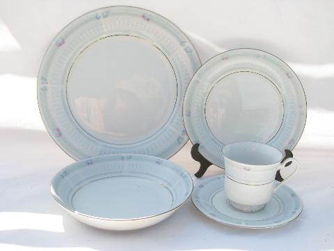 photo of Helen, pink roses and blue lace fine china dinnerware, set for 6 #2