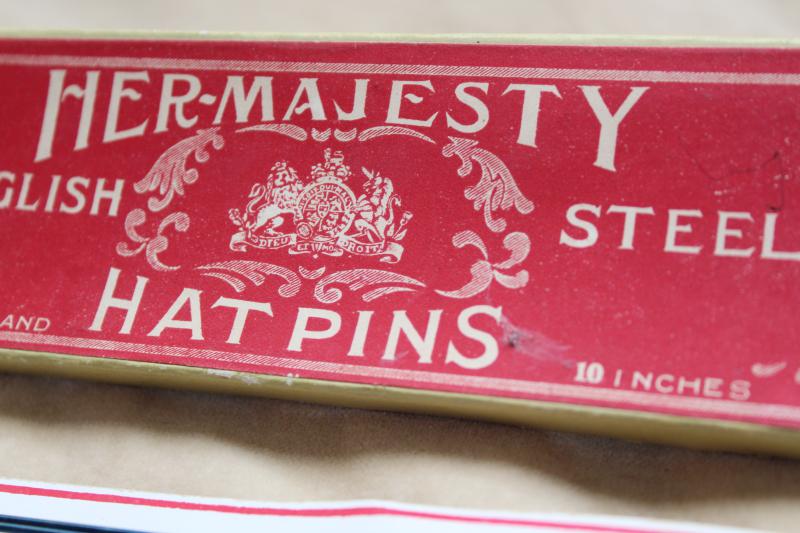 photo of Her Majesty hatpins, Made in England antique vintage hat pins in original box #3