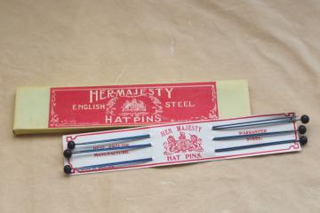 catalog photo of Her Majesty hatpins, Made in England antique vintage hat pins in original box