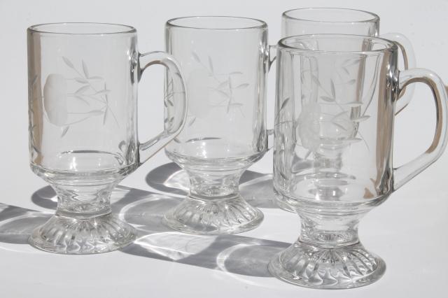 photo of Heritage Princess House etched glass tall cups, Irish coffee footed mugs set #1