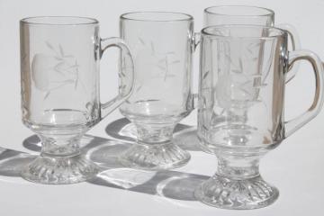 catalog photo of Heritage Princess House etched glass tall cups, Irish coffee footed mugs set