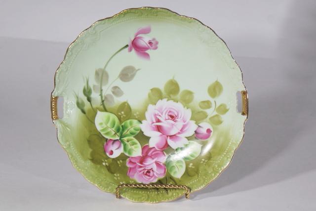 photo of Heritage Rose Lefton china serving plate or handled tray, vintage hand painted Japan #2