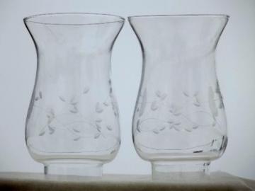 catalog photo of Heritage etch Princess House hurricane shades, candle lamp chimney shade pair