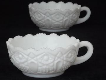 catalog photo of Heritage pattern milk glass nappy dishes, vintage L E Smith Heritage glass bowls 