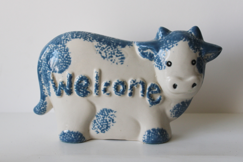 photo of Hermitage Pottery 90s vintage Welcome sign cow figurine blue spongeware stoneware  #1
