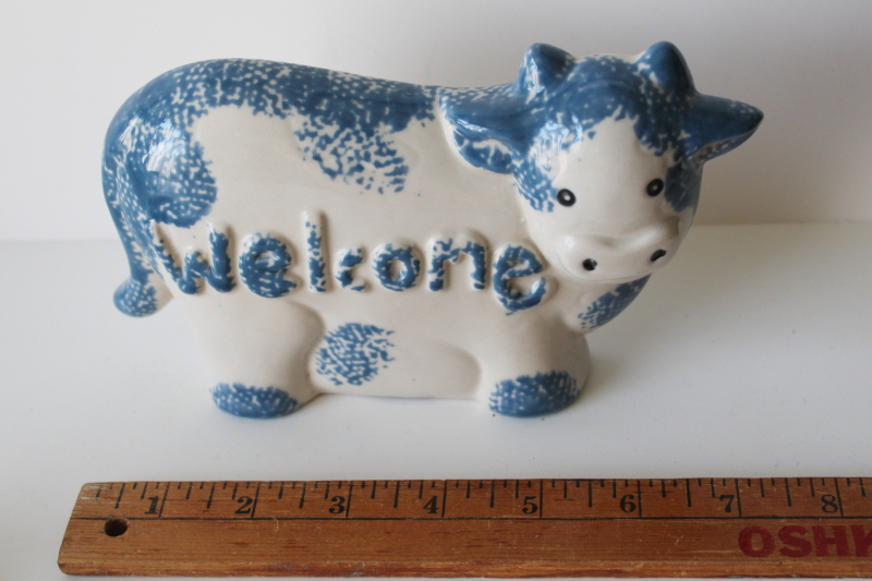 photo of Hermitage Pottery 90s vintage Welcome sign cow figurine blue spongeware stoneware #2