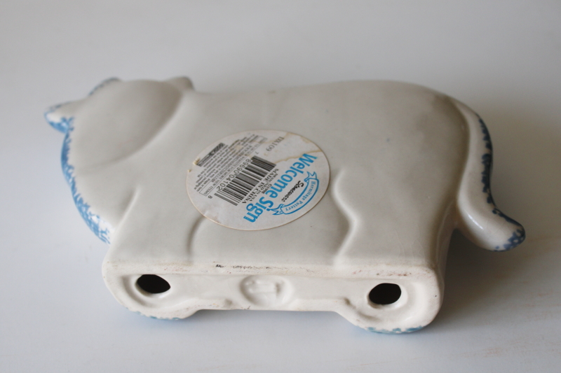 photo of Hermitage Pottery 90s vintage Welcome sign cow figurine blue spongeware stoneware #3