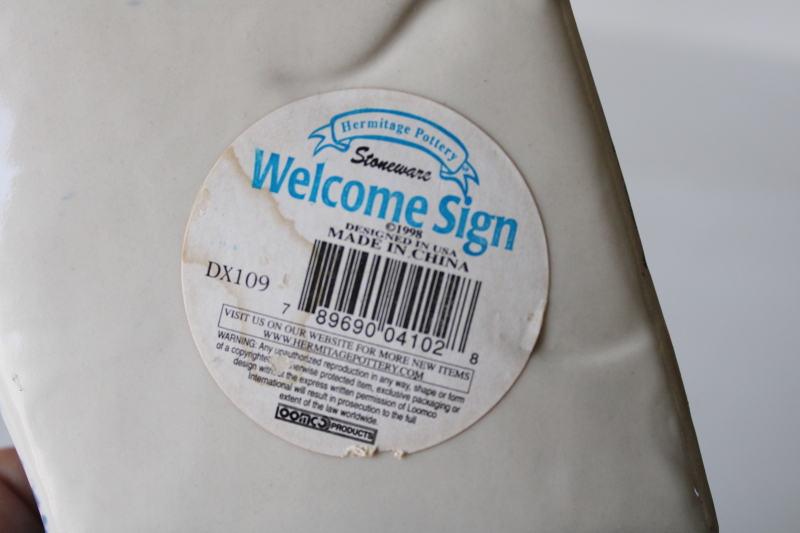 photo of Hermitage Pottery 90s vintage Welcome sign cow figurine blue spongeware stoneware #4