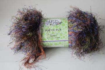 catalog photo of Hobby Lobby Yarn Bee Haute Fur fuzzy eyelash yarn, raisinblush pink purple tones Y2K vintage 2005 