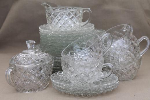 photo of Hocking Waterford waffle vintage depression glass dishes, crystal clear glass plates & cup #1