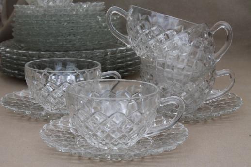 photo of Hocking Waterford waffle vintage depression glass dishes, crystal clear glass plates & cup #2