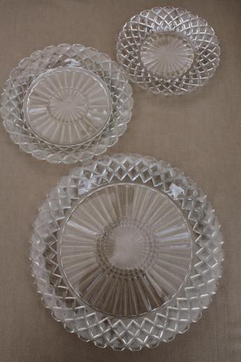 photo of Hocking Waterford waffle vintage depression glass dishes, crystal clear glass plates & cup #6