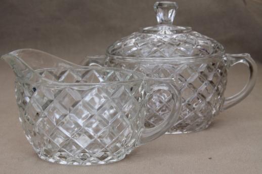 photo of Hocking Waterford waffle vintage depression glass dishes, crystal clear glass plates & cup #9