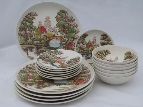 photo of Holiday bridge scene pattern china, vintage Nasco - Japan transferware #1