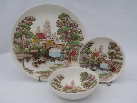 photo of Holiday bridge scene pattern china, vintage Nasco - Japan transferware #2