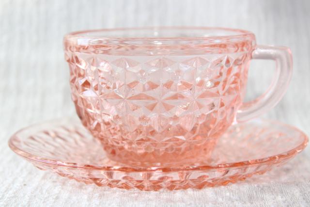 photo of Holiday buttons and bows pattern pink depression glass dishes set, 1940s vintage Jeannette glass #4