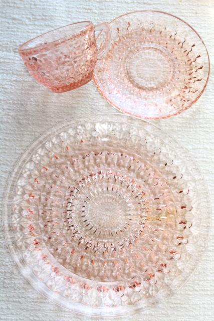 photo of Holiday buttons and bows pattern pink depression glass dishes set, 1940s vintage Jeannette glass #6