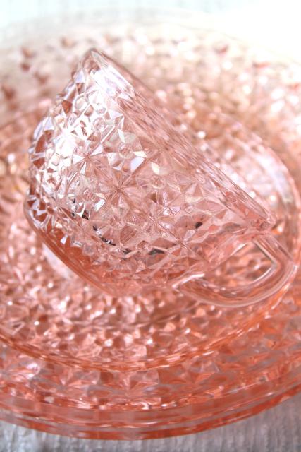 photo of Holiday buttons and bows pattern pink depression glass dishes set, 1940s vintage Jeannette glass #8