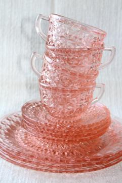 catalog photo of Holiday buttons and bows pattern pink depression glass dishes set, 1940s vintage Jeannette glass