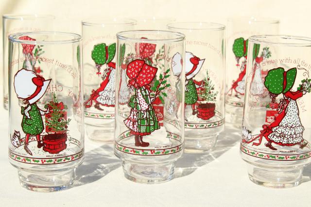 photo of Holly Hobbie Christmas drinking glasses, 8 vintage Coca Cola glasses, 70s 80s Coke #1