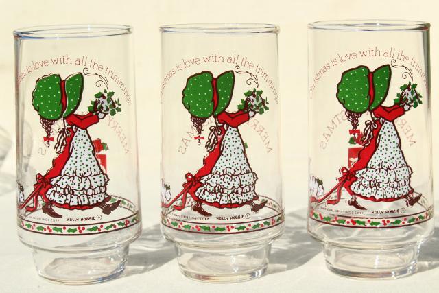photo of Holly Hobbie Christmas drinking glasses, 8 vintage Coca Cola glasses, 70s 80s Coke #2