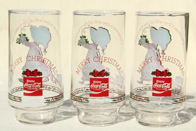 photo of Holly Hobbie Christmas drinking glasses, 8 vintage Coca Cola glasses, 70s 80s Coke #3