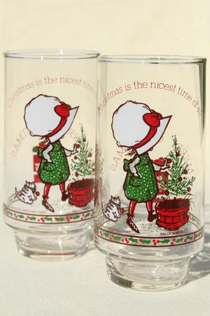 photo of Holly Hobbie Christmas drinking glasses, 8 vintage Coca Cola glasses, 70s 80s Coke #4