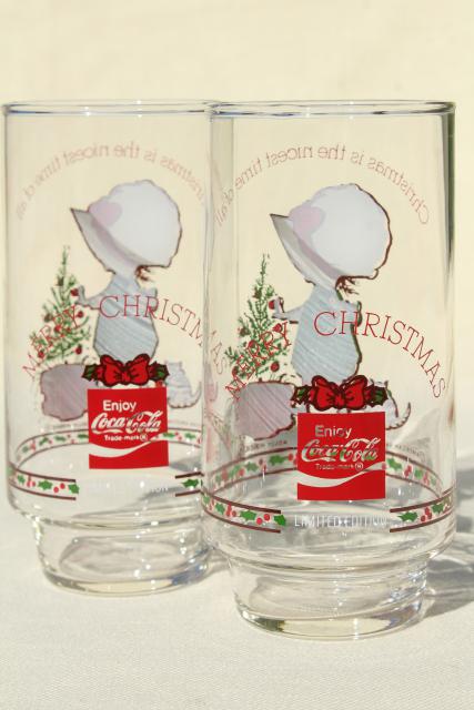 photo of Holly Hobbie Christmas drinking glasses, 8 vintage Coca Cola glasses, 70s 80s Coke #5