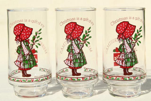 photo of Holly Hobbie Christmas drinking glasses, 8 vintage Coca Cola glasses, 70s 80s Coke #6