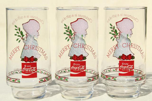 photo of Holly Hobbie Christmas drinking glasses, 8 vintage Coca Cola glasses, 70s 80s Coke #7