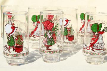 catalog photo of Holly Hobbie Christmas drinking glasses, 8 vintage Coca Cola glasses, 70s 80s Coke