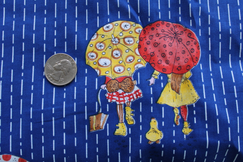 photo of Holly Hobbie vintage cotton print fabric little girls w/ rain boots & umbrellas #2