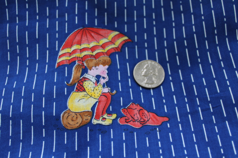 photo of Holly Hobbie vintage cotton print fabric little girls w/ rain boots & umbrellas #3