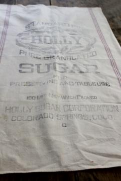 catalog photo of Holly sugar vintage advertising graphics cotton feed sack fabric for farmhouse decor projects