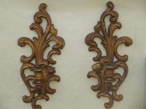 photo of Hollywood regency vintage gold rococo plastic candle sconces, shelf, wall pockets #3