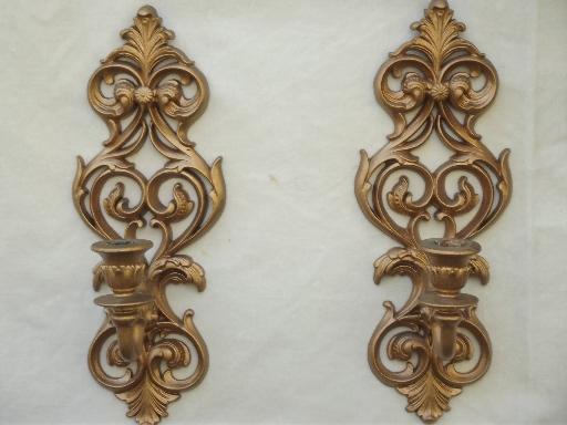 photo of Hollywood regency vintage gold rococo plastic candle sconces, shelf, wall pockets #5