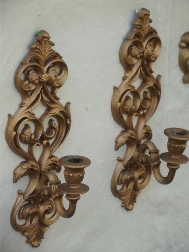 photo of Hollywood regency vintage gold rococo plastic candle sconces, shelf, wall pockets #6