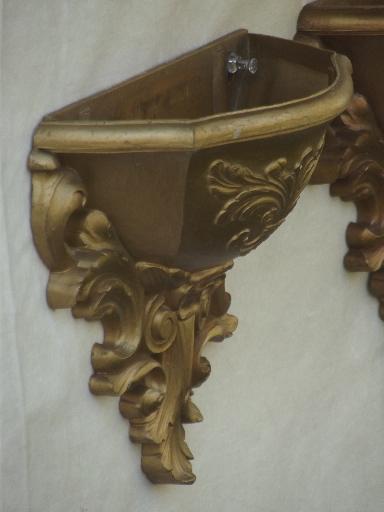 photo of Hollywood regency vintage gold rococo plastic candle sconces, shelf, wall pockets #8