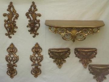 catalog photo of Hollywood regency vintage gold rococo plastic candle sconces, shelf, wall pockets