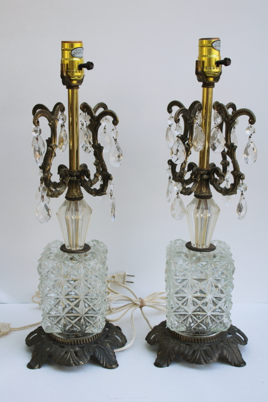 photo of Hollywood regency vintage huge rococo table lamps w/ teardrop prisms, glass & ornate metal  #1