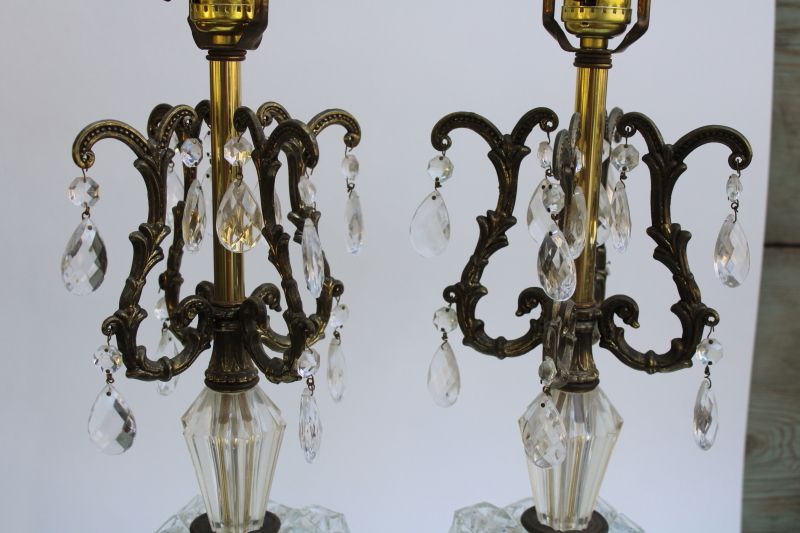 photo of Hollywood regency vintage huge rococo table lamps w/ teardrop prisms, glass & ornate metal  #3